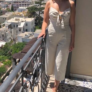 Lush Oatmeal Linen Tie Front Jumpsuit with Adjustable Straps / Size: M